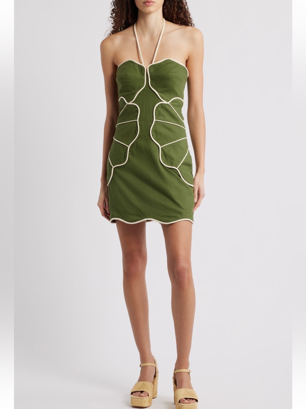 NWT FARM RIO green wavy mini halter dress